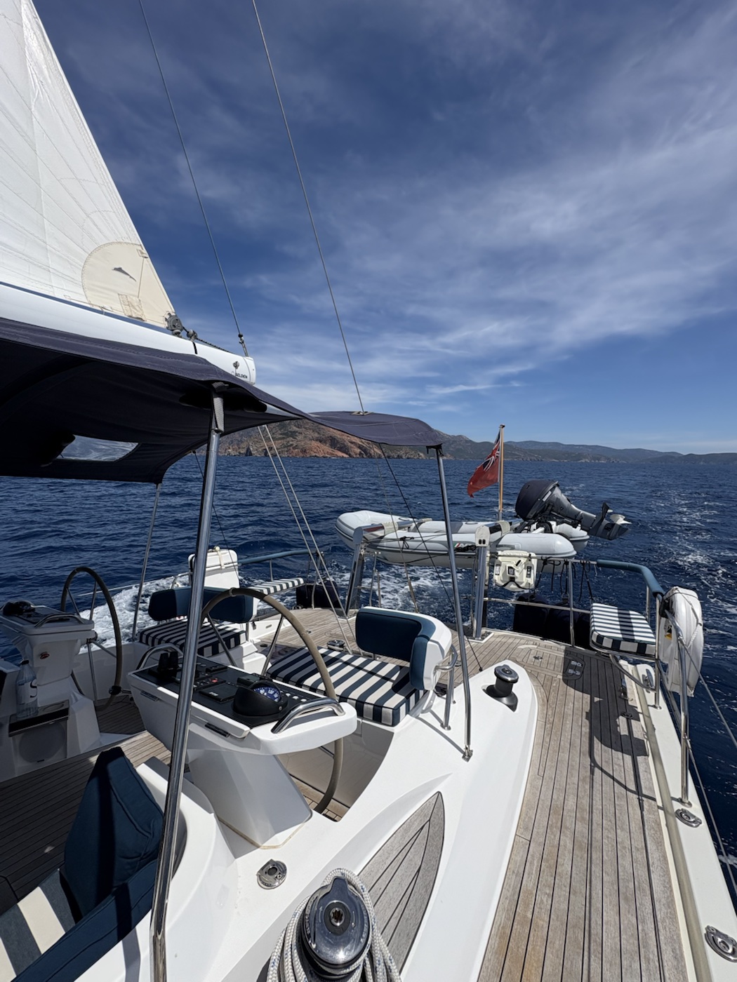 The sailing yacht's cockpit underway off the Corsican coast