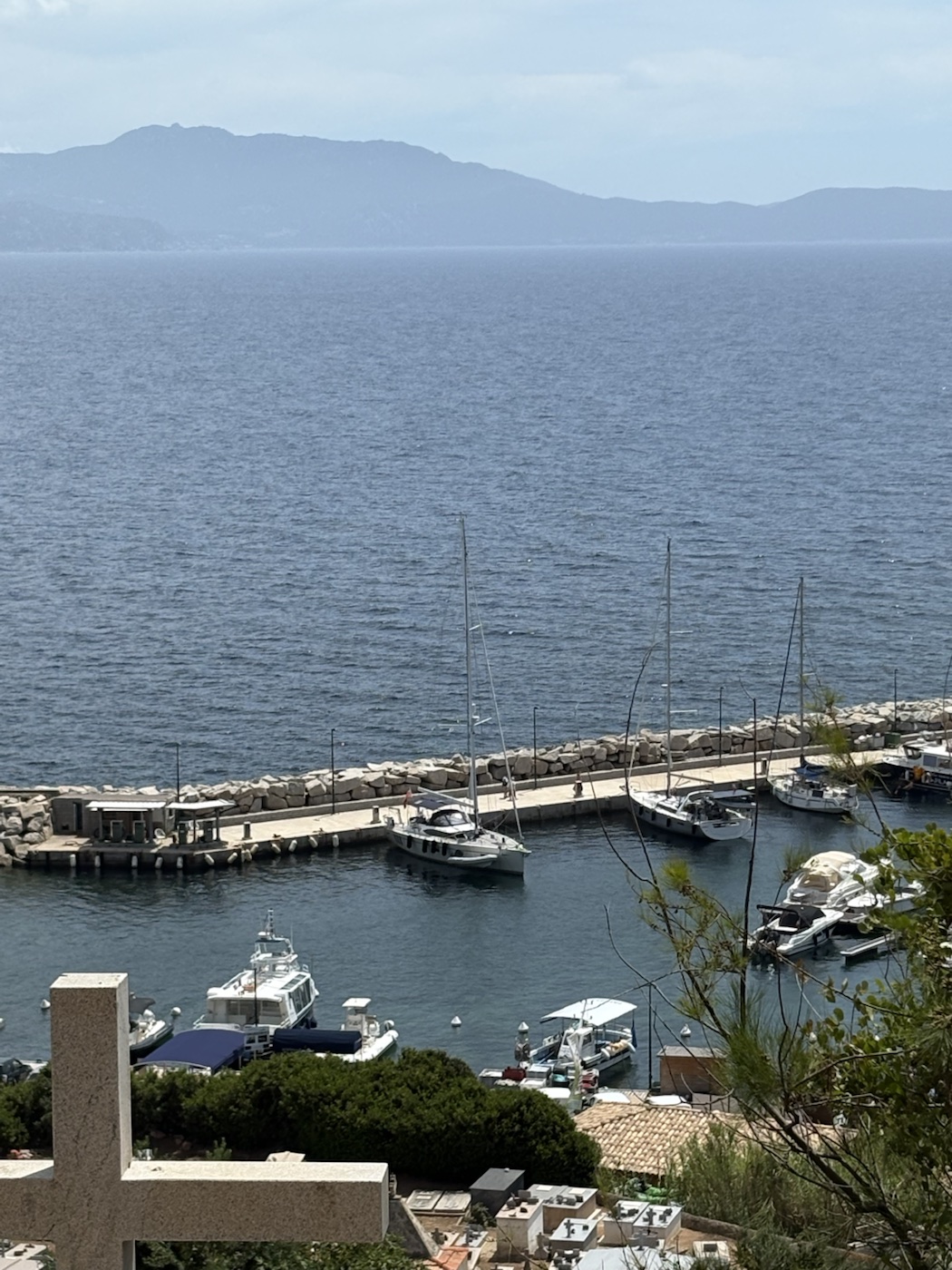 The yacht secured in Cargèse marina in Corsica