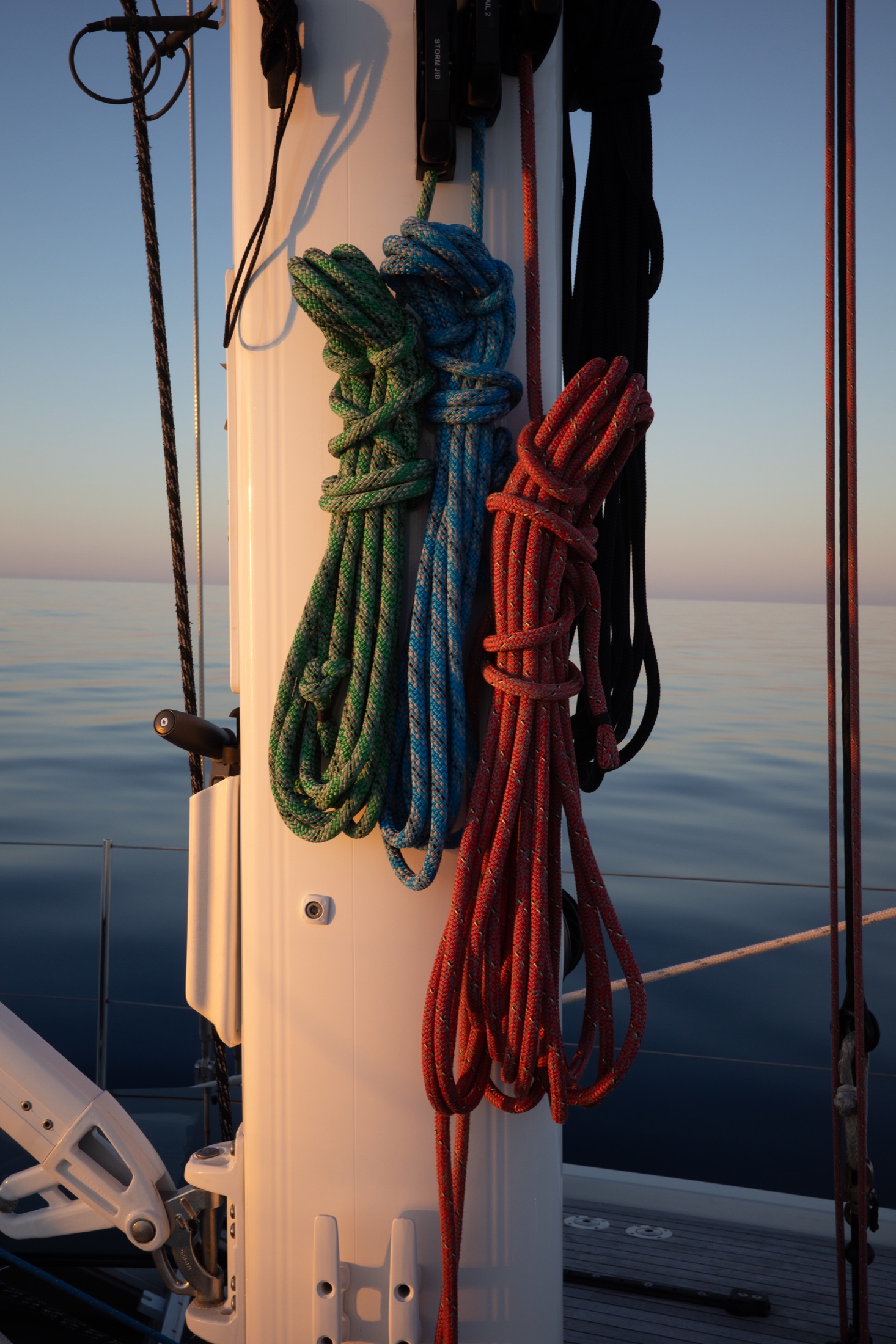 Colour-coded running rigging arranged at the mast in evening light