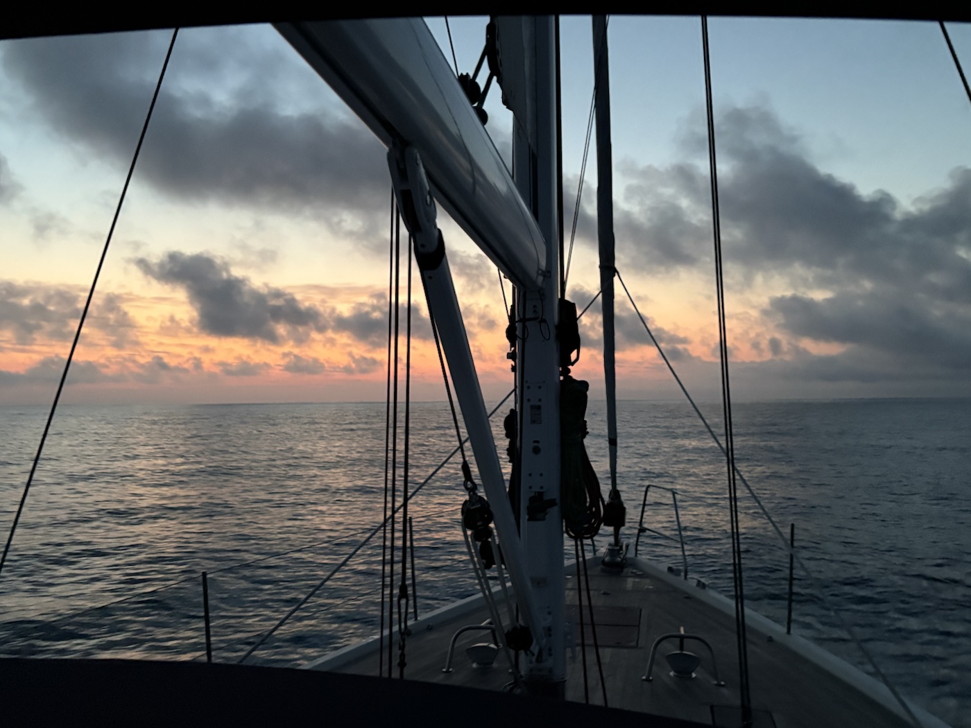 Sunset seen across the foredeck during the Mediterranean passage